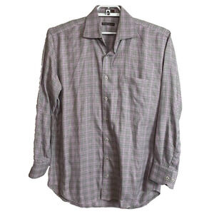 Peter Millar Men's size L Button Down Taupe Pink Plaid Cotton Long Sleeve Shirt
